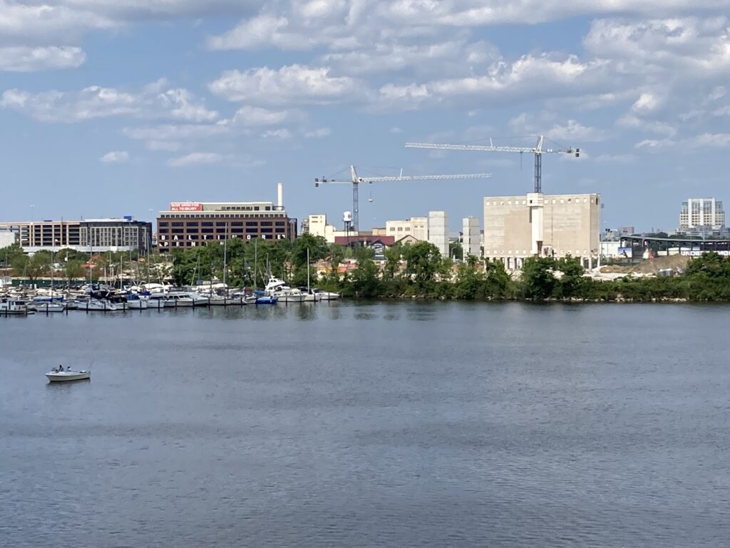 A view of the emerging Baltimore Peninsula development from the Hanover Street Bridge that crosses the Middle Branch of Patapsco River. Photo: Norman Gomlak / The Baltimore Banner.