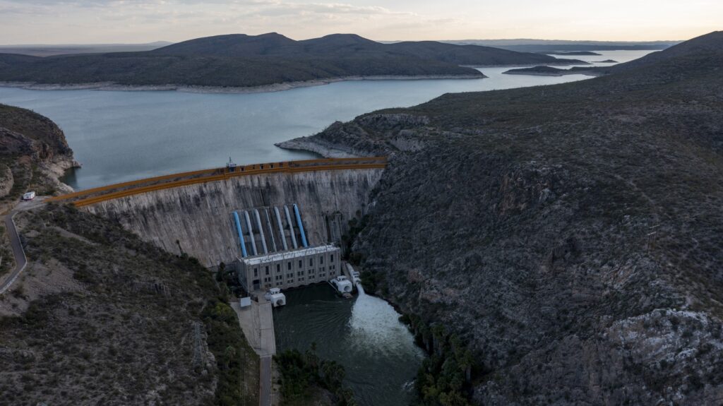 La Boquilla dam regulates the flow of the Rio Conchos in southern Chihuahua, Mexico. The dam was the focal point of protests in 2020 when farmers opposed water deliveries to the United States.