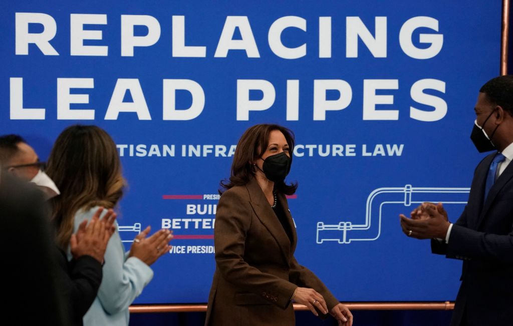 U.S. Vice President Kamala Harris arrives at the Training Recreation Education Center to meet with residents in Newark, New Jersey, to highlight funding in the Bipartisan Infrastructure Law to remove and replace lead pipes, on February 11, 2022.
