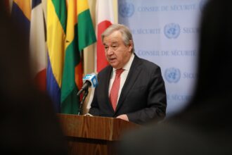 UN Secretary-General António Guterres speaks to reporters on the earthquake in Türkiye and Syria at the UN headquarters in New York, Feb. 9, 2023. Credit: Xie E/Xinhua via Getty Images