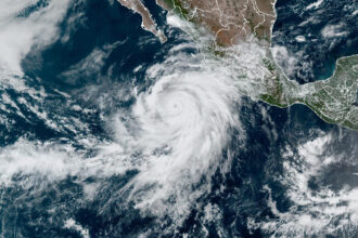 Hurricane Hilary southwest of the Baja Peninsula on Friday, August 18, 2023. Credit: NOAA