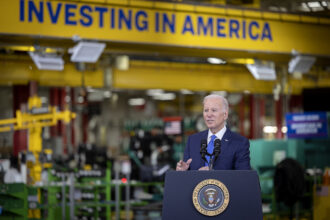 President Joe Biden visits the Cummins Power Generation Facility in April 2023 as part of his administration's Investing in America tour in Fridley, Minnesota, focusing on infrastructure and clean energy jobs. Last year, Cummins announced Fridley would be the site of its first electrolyzer manufacturing facility in the United States, a $10 million investment that's expected to create 100 new jobs. Electrolyzers use an electric current to separate water into oxygen and hydrogen. The hydrogen can be used as a clean power source to help decarbonize heavy-duty transportation and industrial processes. Credit: Elizabeth Flores/Star Tribune via Getty Images.