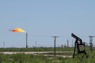 A flare stack is pictured next to pump jacks and other oil and gas infrastructure on April 24, 2020 near Odessa, Texas. Credit: Paul Ratje/AFP via Getty Images