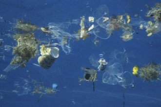 Plastic and other debris floats underwater in the Red Sea off Sharm El Sheikh, Egypt. Credit: Andrey Nekrasov / Barcroft Media via Getty Images.