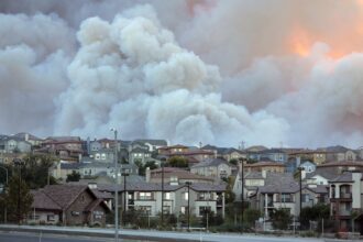 Smoke billows to the sky above where fires are spreading near houses Oct. 22, 2007 in Stevenson Ranch, California. Credit: J. Emilio Flores/Getty Images