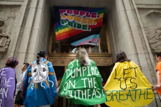 Environmental activists protest outside City Hall in June.